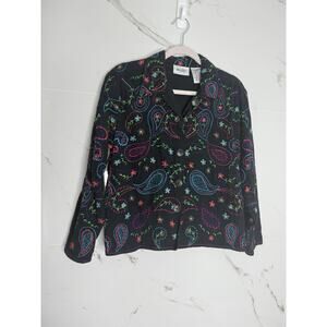 Jacket Blazer Sz M Petite Black Multicolor Floral Embroidered Linen Boho Indi